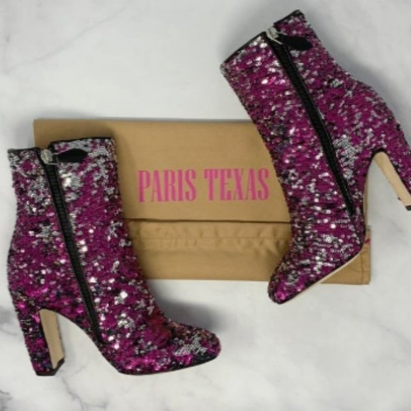 Paris Texas Pink Reversible Sequin Block Heel Ankle Booties Boho 6.5 - Picture 3 of 7